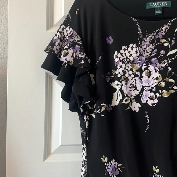 Lauren black dark floral cinched dress SZ 14 black wrap style ruffle career - Picture 5 of 14